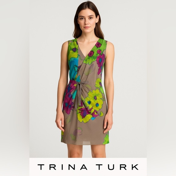 Trina Turk Silk Floral Dress Gray Multicolor Size 2 NWT - Picture 1 of 13